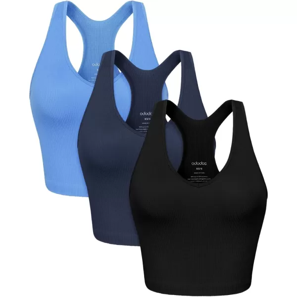 ODODOS 3Pack Seamless Racerback Crop Tank for Women Ribbed Knit Soft Crop TopsBlacknavyblue