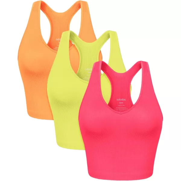 ODODOS 3Pack Seamless Racerback Crop Tank for Women Ribbed Knit Soft Crop TopsNeon Pinkgreenorange