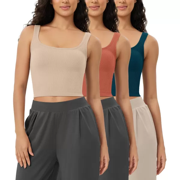 ODODOS 3Pack Seamless Square Neck Crop Tank for Women Ribbed Knit Soft Low Back Cropped TopsBeigecoralteal