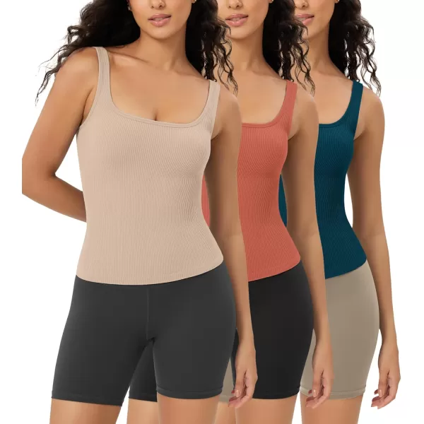 ODODOS 3Pack Seamless Square Neck Crop Tank for Women Ribbed Knit Soft Low Back Cropped TopsBeigecoralteal