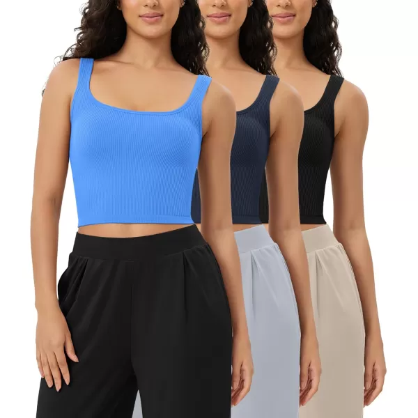 ODODOS 3Pack Seamless Square Neck Crop Tank for Women Ribbed Knit Soft Low Back Cropped TopsBlacknavyblue