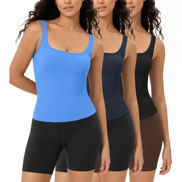 ODODOS 3Pack Seamless Square Neck Crop Tank for Women Ribbed Knit Soft Low Back Cropped TopsBlacknavyblue