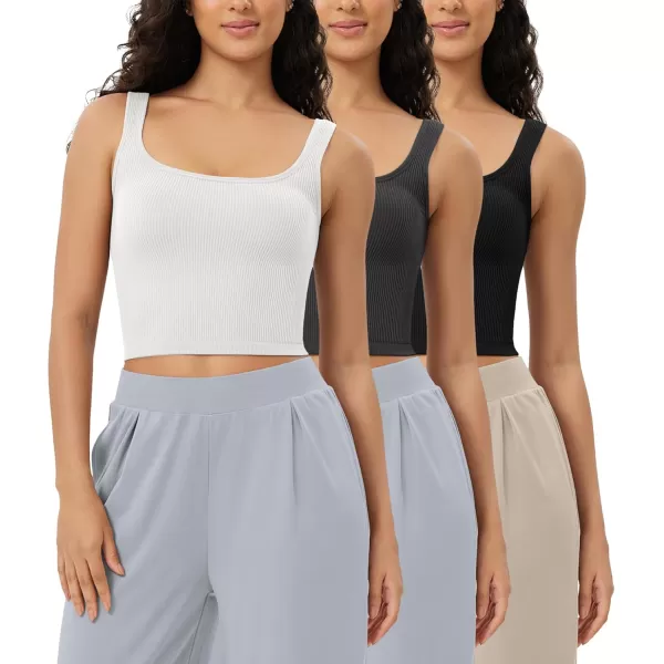 ODODOS 3Pack Seamless Square Neck Crop Tank for Women Ribbed Knit Soft Low Back Cropped TopsBlackwhitecharcoal