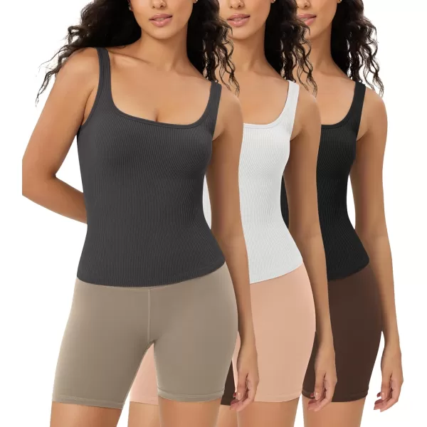 ODODOS 3Pack Seamless Square Neck Crop Tank for Women Ribbed Knit Soft Low Back Cropped TopsBlackwhitecharcoal