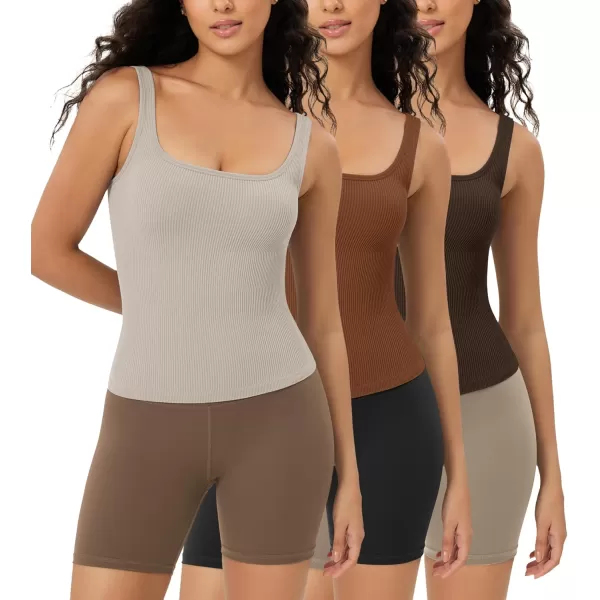 ODODOS 3Pack Seamless Square Neck Crop Tank for Women Ribbed Knit Soft Low Back Cropped TopsBrunetteclaymushroom