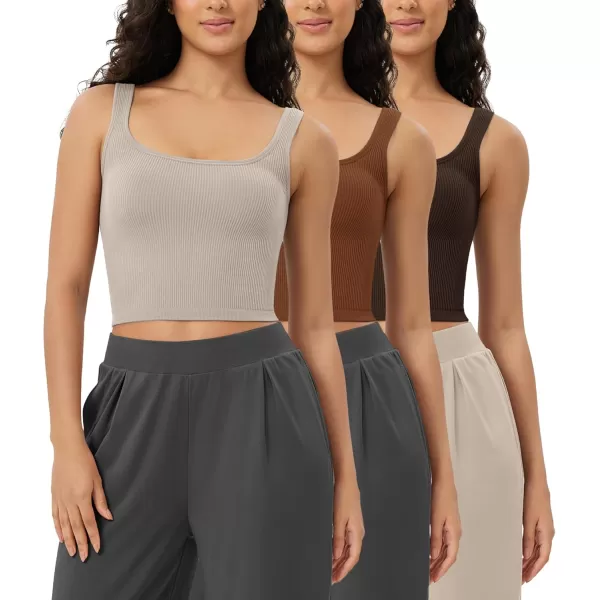 ODODOS 3Pack Seamless Square Neck Crop Tank for Women Ribbed Knit Soft Low Back Cropped TopsBrunetteclaymushroom