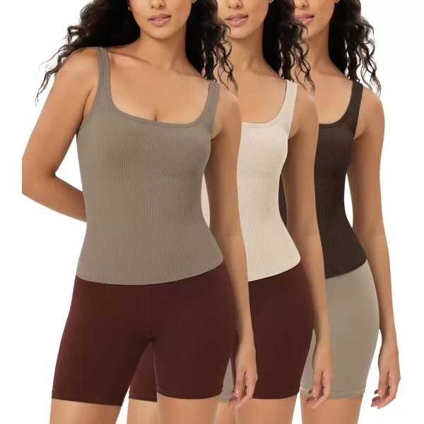 ODODOS 3Pack Seamless Square Neck Crop Tank for Women Ribbed Knit Soft Low Back Cropped TopsBrunetteoatmealtaupe