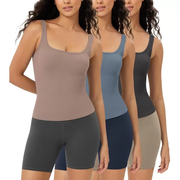 ODODOS 3Pack Seamless Square Neck Crop Tank for Women Ribbed Knit Soft Low Back Cropped TopsCharcoaldusty Bluebark