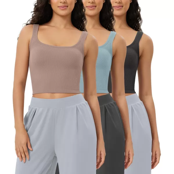 ODODOS 3Pack Seamless Square Neck Crop Tank for Women Ribbed Knit Soft Low Back Cropped TopsCharcoaldusty Bluebark