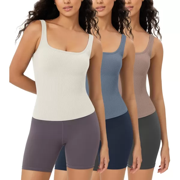 ODODOS 3Pack Seamless Square Neck Crop Tank for Women Ribbed Knit Soft Low Back Cropped TopsIvorydusty Bluesphinx