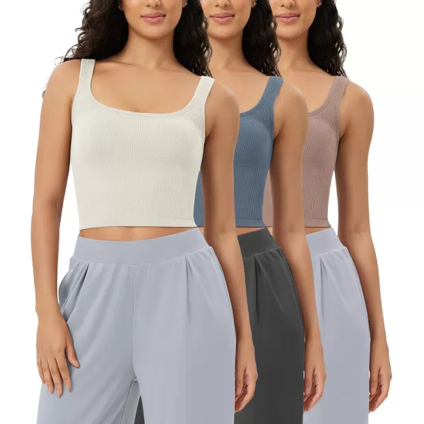 ODODOS 3Pack Seamless Square Neck Crop Tank for Women Ribbed Knit Soft Low Back Cropped TopsIvorydusty Bluesphinx