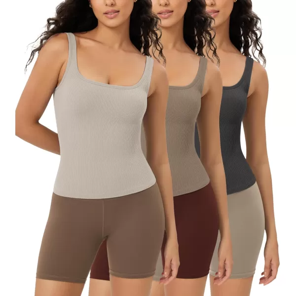 ODODOS 3Pack Seamless Square Neck Crop Tank for Women Ribbed Knit Soft Low Back Cropped TopsMushroomtaupecharcoal