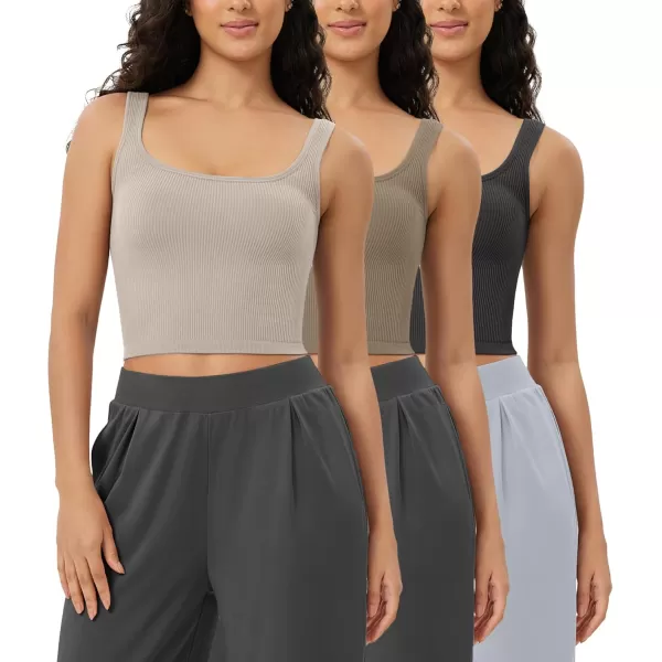 ODODOS 3Pack Seamless Square Neck Crop Tank for Women Ribbed Knit Soft Low Back Cropped TopsMushroomtaupecharcoal