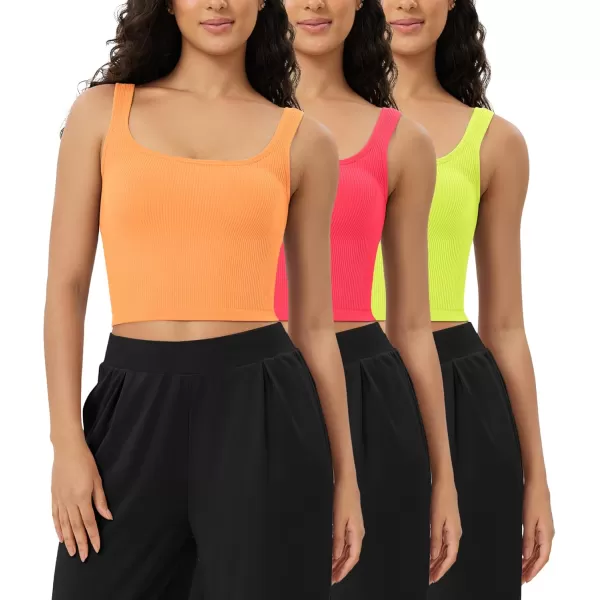 ODODOS 3Pack Seamless Square Neck Crop Tank for Women Ribbed Knit Soft Low Back Cropped TopsNeon Pinkgreenorange