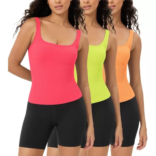 ODODOS 3Pack Seamless Square Neck Crop Tank for Women Ribbed Knit Soft Low Back Cropped TopsNeon Pinkgreenorange