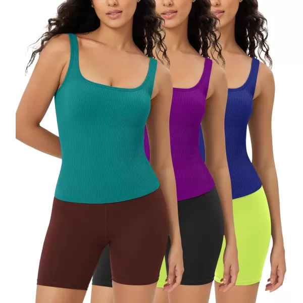 ODODOS 3Pack Seamless Square Neck Crop Tank for Women Ribbed Knit Soft Low Back Cropped TopsPhloxsea Greenlapis