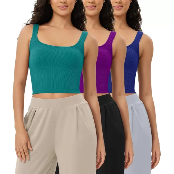 ODODOS 3Pack Seamless Square Neck Crop Tank for Women Ribbed Knit Soft Low Back Cropped TopsPhloxsea Greenlapis