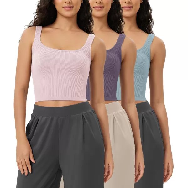 ODODOS 3Pack Seamless Square Neck Crop Tank for Women Ribbed Knit Soft Low Back Cropped TopsPink Lacevioleticeberg