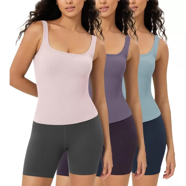 ODODOS 3Pack Seamless Square Neck Crop Tank for Women Ribbed Knit Soft Low Back Cropped TopsPink Lacevioleticeberg