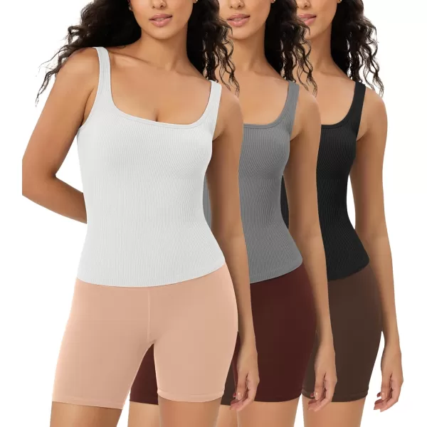 ODODOS 3Pack Seamless Square Neck Crop Tank for Women Ribbed Knit Soft Low Back Cropped TopsWhiteblackgray