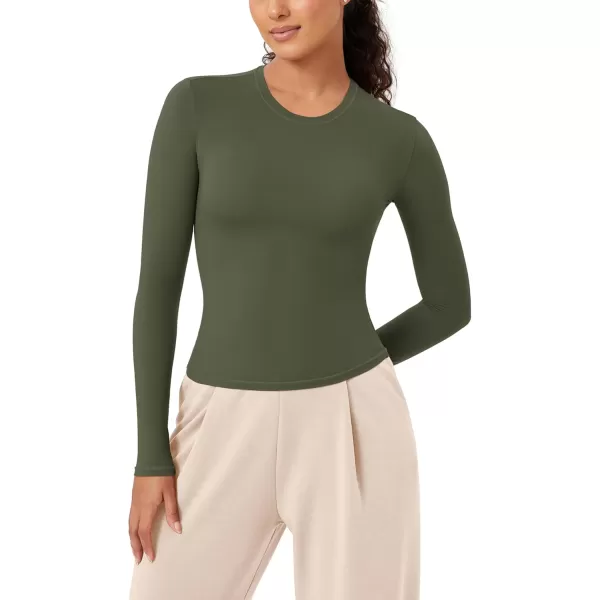 ODODOS Lightweight Soft Long Sleeve Tee for Women Crew Neck Tops Slim Fit TShirtsOlive Green