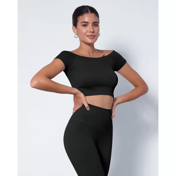 ODODOS Off Shoulder Crop Tops for Women Shorts Sleeve Seamless Cropped Top Ribbed TShirtsBlack