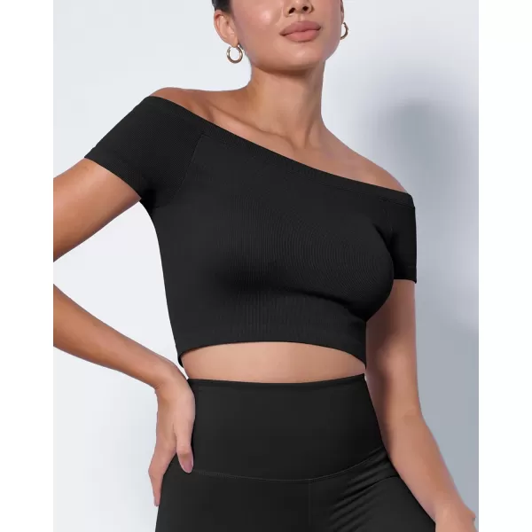 ODODOS Off Shoulder Crop Tops for Women Shorts Sleeve Seamless Cropped Top Ribbed TShirtsBlackblack