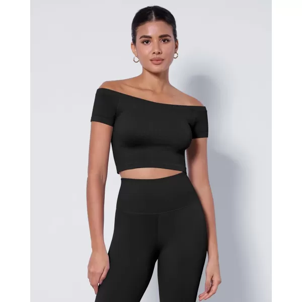 ODODOS Off Shoulder Crop Tops for Women Shorts Sleeve Seamless Cropped Top Ribbed TShirtsBlackblack