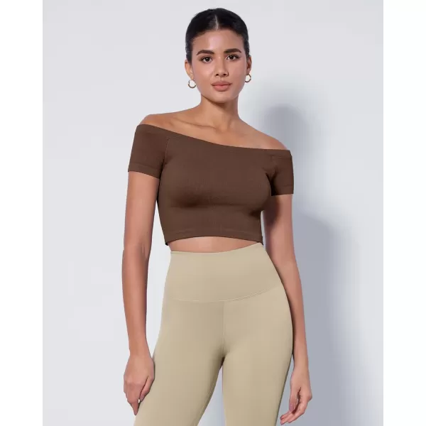 ODODOS Off Shoulder Crop Tops for Women Shorts Sleeve Seamless Cropped Top Ribbed TShirtsBrunetteivory