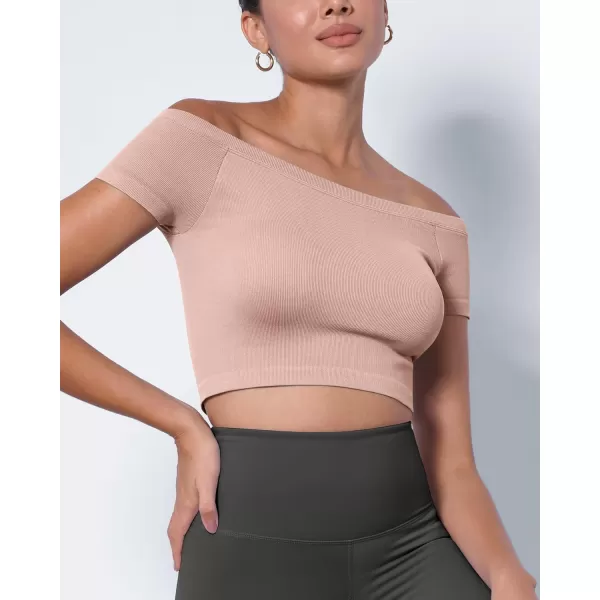 ODODOS Off Shoulder Crop Tops for Women Shorts Sleeve Seamless Cropped Top Ribbed TShirtsPinkblue