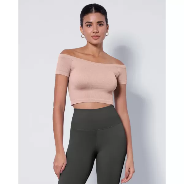 ODODOS Off Shoulder Crop Tops for Women Shorts Sleeve Seamless Cropped Top Ribbed TShirtsPinkblue