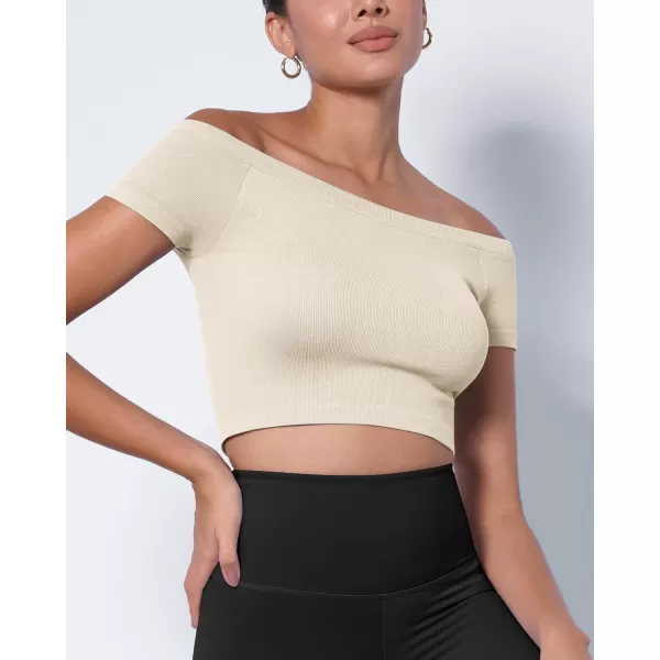 ODODOS Off Shoulder Crop Tops for Women Shorts Sleeve Seamless Cropped Top Ribbed TShirtsWhiteivory