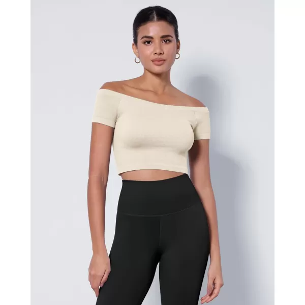 ODODOS Off Shoulder Crop Tops for Women Shorts Sleeve Seamless Cropped Top Ribbed TShirtsWhiteivory