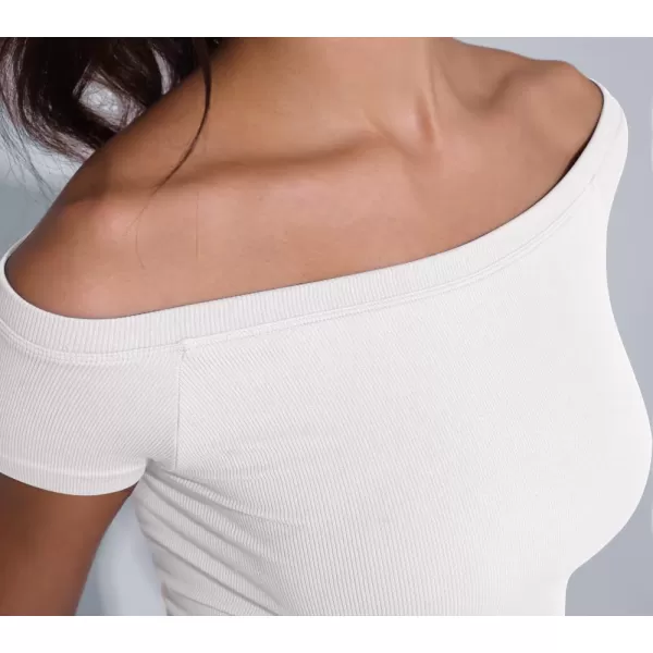 ODODOS Off Shoulder Crop Tops for Women Shorts Sleeve Seamless Cropped Top Ribbed TShirtsWhitewhite