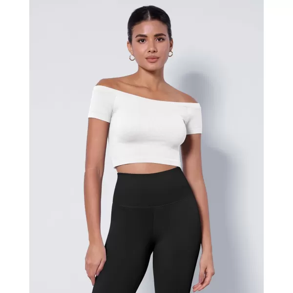 ODODOS Off Shoulder Crop Tops for Women Shorts Sleeve Seamless Cropped Top Ribbed TShirtsWhitewhite