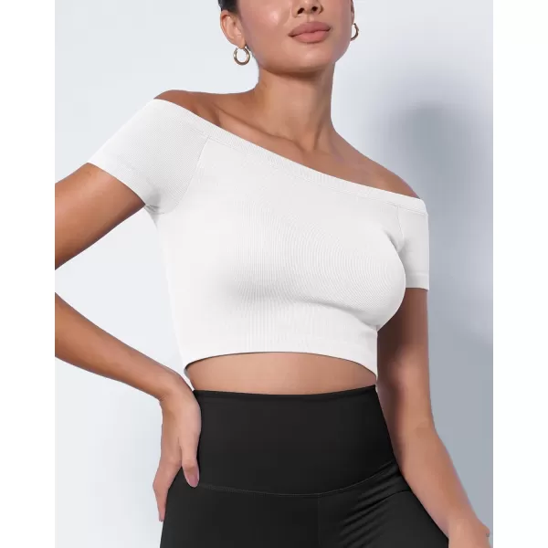 ODODOS Off Shoulder Crop Tops for Women Shorts Sleeve Seamless Cropped Top Ribbed TShirtsWhitewhite