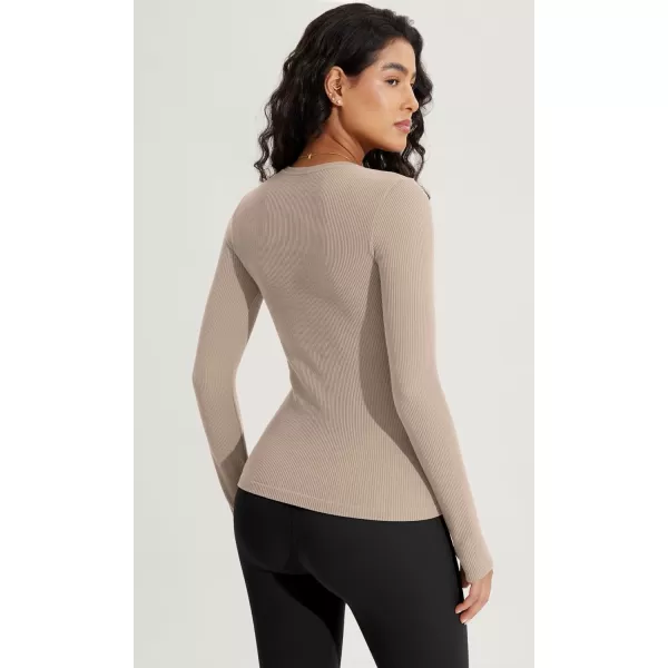 ODODOS Seamless Long Sleeve Tops with Thumb Hole for Women Crew Neck Ribbed Tee Workout Yoga ShirtsBeige