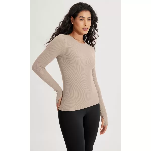 ODODOS Seamless Long Sleeve Tops with Thumb Hole for Women Crew Neck Ribbed Tee Workout Yoga ShirtsBeige