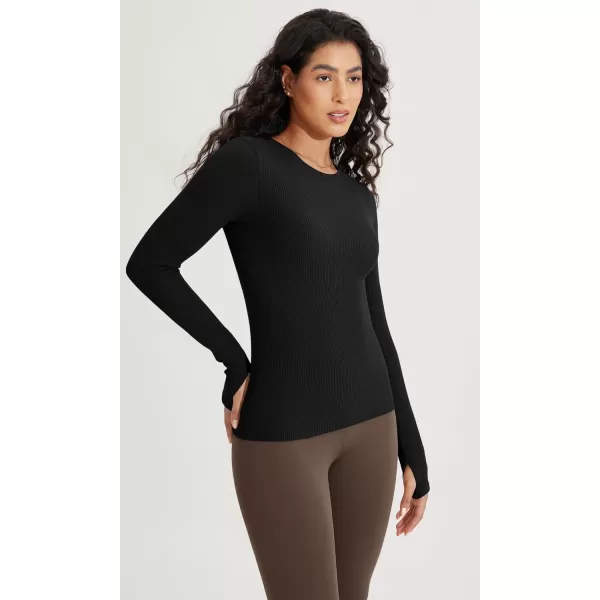 ODODOS Seamless Long Sleeve Tops with Thumb Hole for Women Crew Neck Ribbed Tee Workout Yoga ShirtsBlack