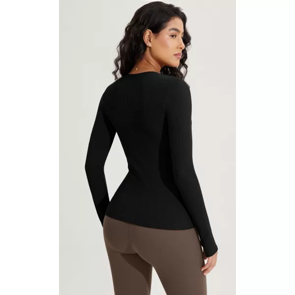 ODODOS Seamless Long Sleeve Tops with Thumb Hole for Women Crew Neck Ribbed Tee Workout Yoga ShirtsBlack