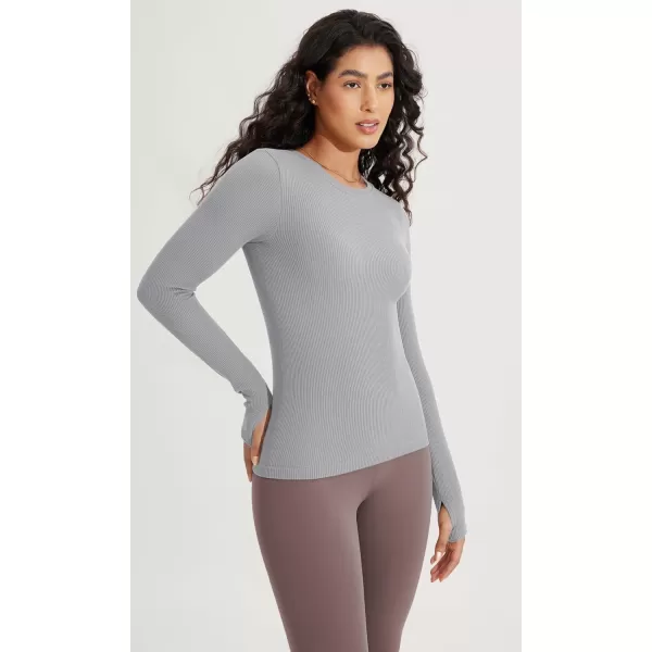 ODODOS Seamless Long Sleeve Tops with Thumb Hole for Women Crew Neck Ribbed Tee Workout Yoga ShirtsBlackgray