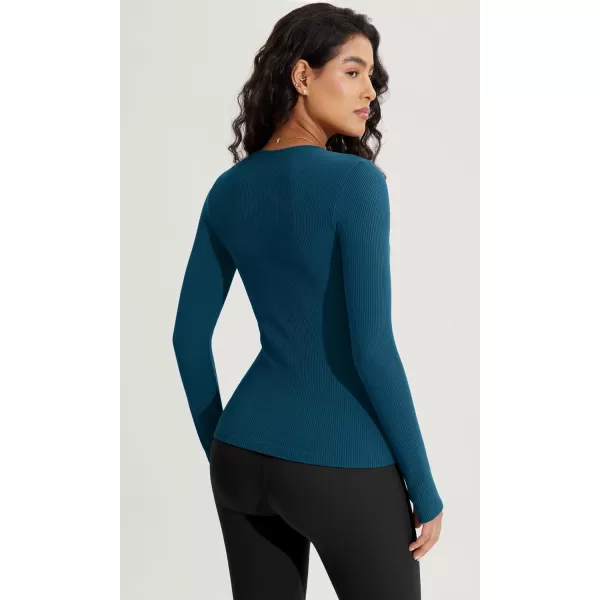 ODODOS Seamless Long Sleeve Tops with Thumb Hole for Women Crew Neck Ribbed Tee Workout Yoga ShirtsBlackteal