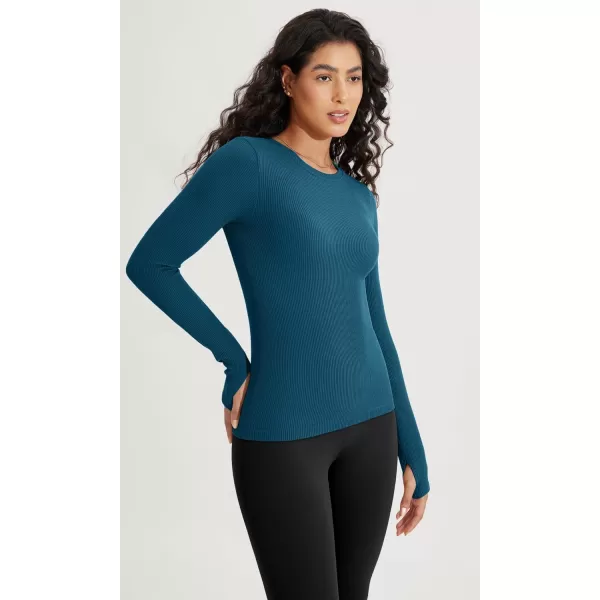 ODODOS Seamless Long Sleeve Tops with Thumb Hole for Women Crew Neck Ribbed Tee Workout Yoga ShirtsBlackteal