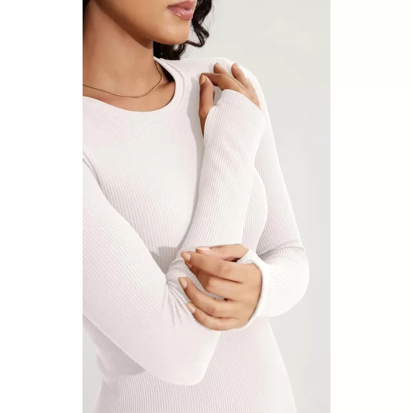 ODODOS Seamless Long Sleeve Tops with Thumb Hole for Women Crew Neck Ribbed Tee Workout Yoga ShirtsBrunetteivory