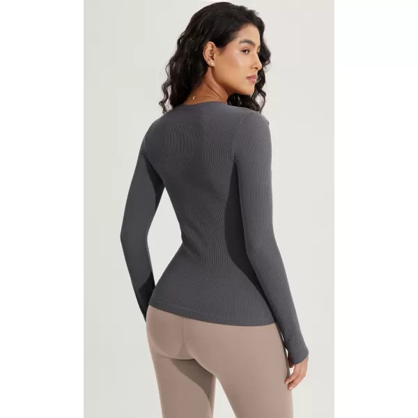 ODODOS Seamless Long Sleeve Tops with Thumb Hole for Women Crew Neck Ribbed Tee Workout Yoga ShirtsCharcoal