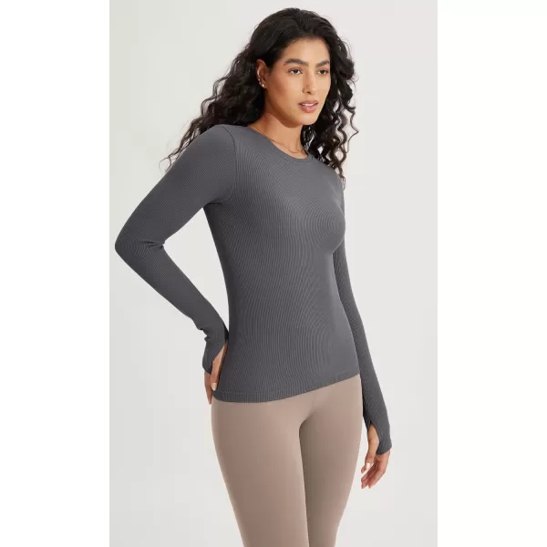 ODODOS Seamless Long Sleeve Tops with Thumb Hole for Women Crew Neck Ribbed Tee Workout Yoga ShirtsCharcoal