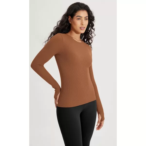 ODODOS Seamless Long Sleeve Tops with Thumb Hole for Women Crew Neck Ribbed Tee Workout Yoga ShirtsClay