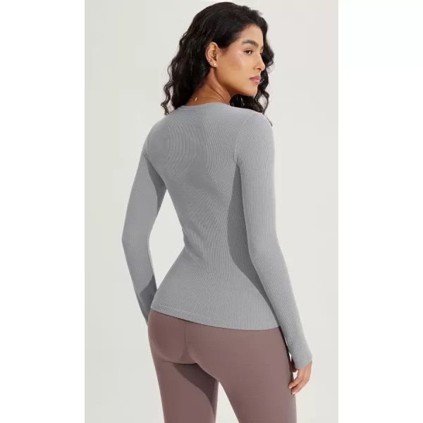 ODODOS Seamless Long Sleeve Tops with Thumb Hole for Women Crew Neck Ribbed Tee Workout Yoga ShirtsGray