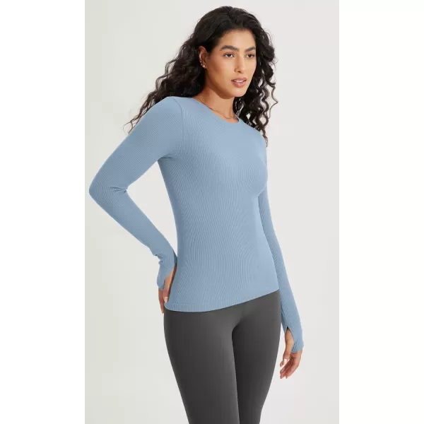 ODODOS Seamless Long Sleeve Tops with Thumb Hole for Women Crew Neck Ribbed Tee Workout Yoga ShirtsIceberg