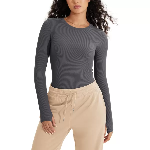 ODODOS Seamless Long Sleeve Tops with Thumb Hole for Women Crew Neck Ribbed Tee Workout Yoga ShirtsMushroom